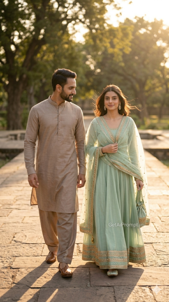 The Walking Reflection Moment, Cinematic Dynamic Lifestyle Eid Couple Portrait