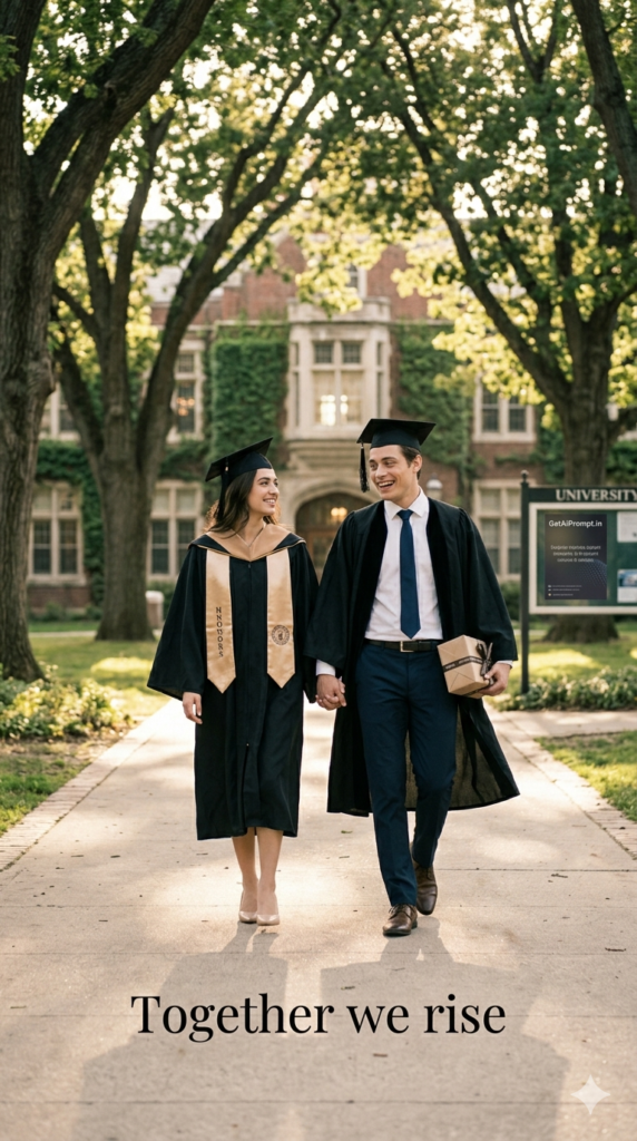 Cinematic Graduation Couple Walking Together High End AI Prompt