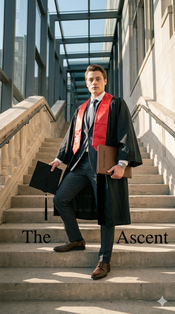 Confident Graduate Staircase Shot High End AI Photography