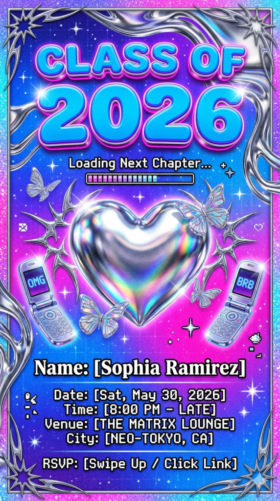 Y2K Cyber Heart Chrome Nostalgia Graduation Party Invite