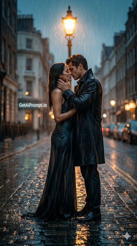 Cinematic Storm Romance The Rain Kiss AI Prompt Couple Portrait
