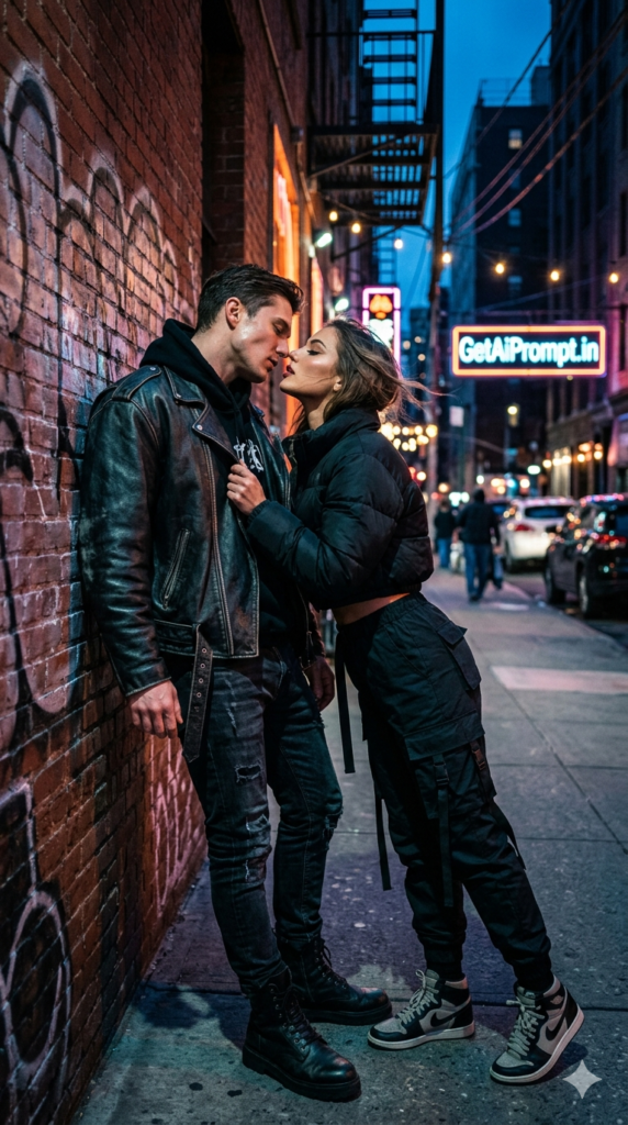 Urban Wall Embrace High Fashion Couple Kiss AI Prompt Neon Noir Lighting