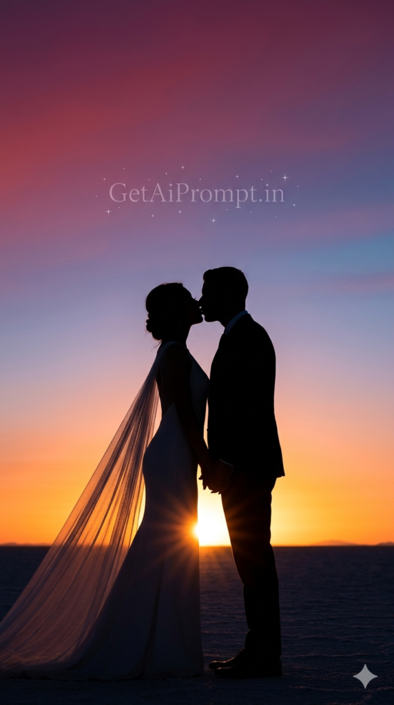 Minimalist Silhouette Sunset Kiss AI Prompt High Contrast Fine Art Wedding