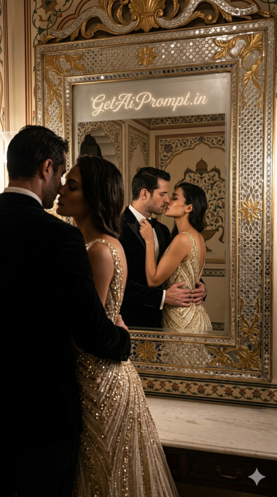 Mirror Reflection Kiss AI Prompt High Fashion Couple Portrait