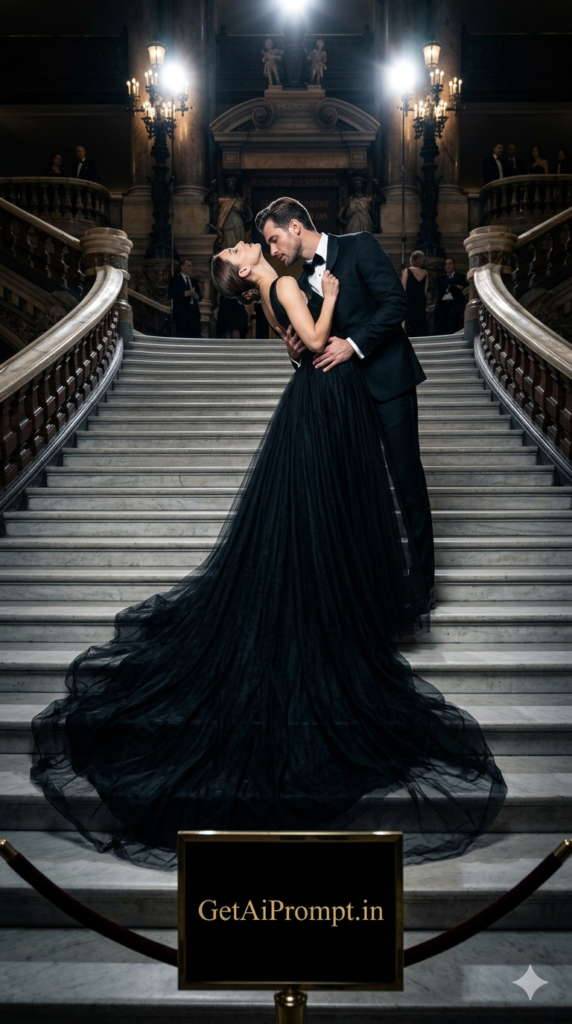 Grand Staircase High Fashion Couple Kiss AI Prompt