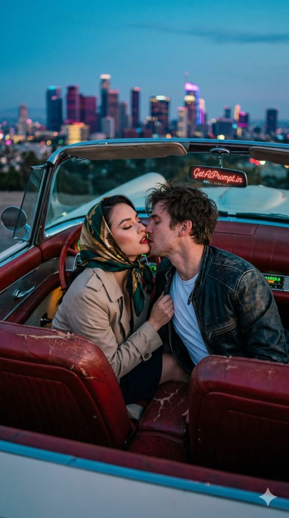 Vintage Car Retro Hollywood Couple Kiss AI Prompt