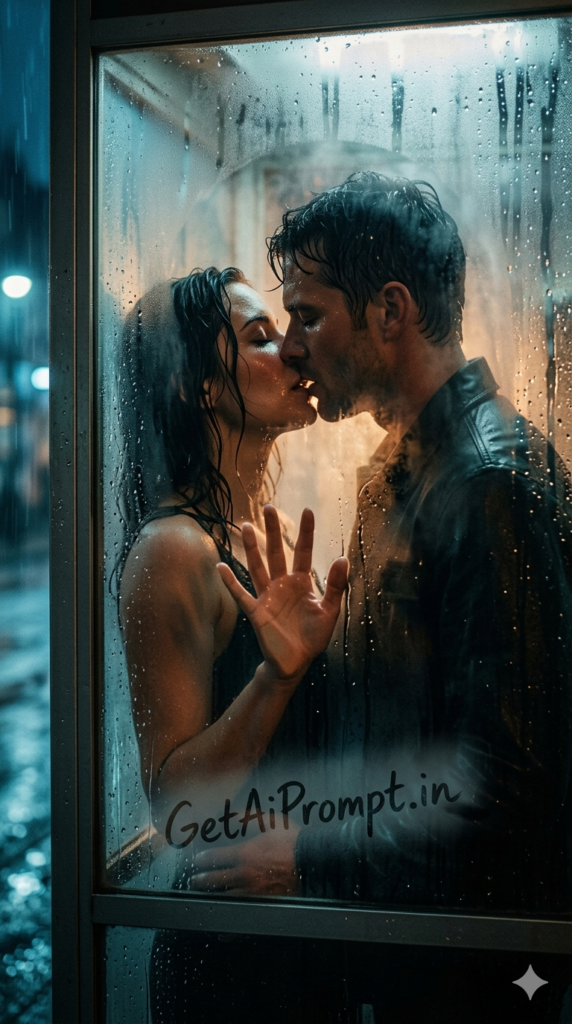 Steamy Glass Silhouette Cinematic Couple Kiss AI Prompt