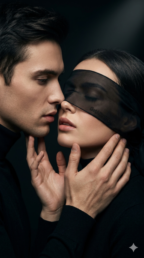Blindfolded High Fashion Sensual Couple Kiss AI Prompt