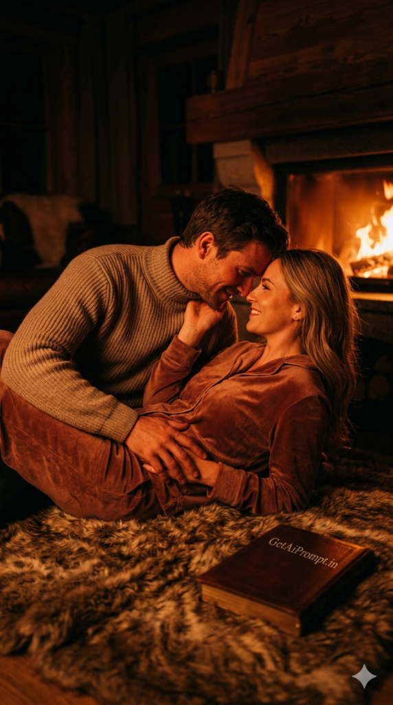 Fireplace Glow Velvet Intimacy Couple Kiss AI Prompt