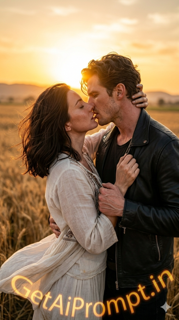 Golden Hour Hair Pull Passionate Couple AI Prompt