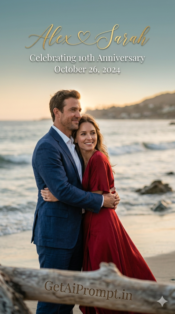 The Golden Hour Beach Romance Anniversary AI Photo Prompt