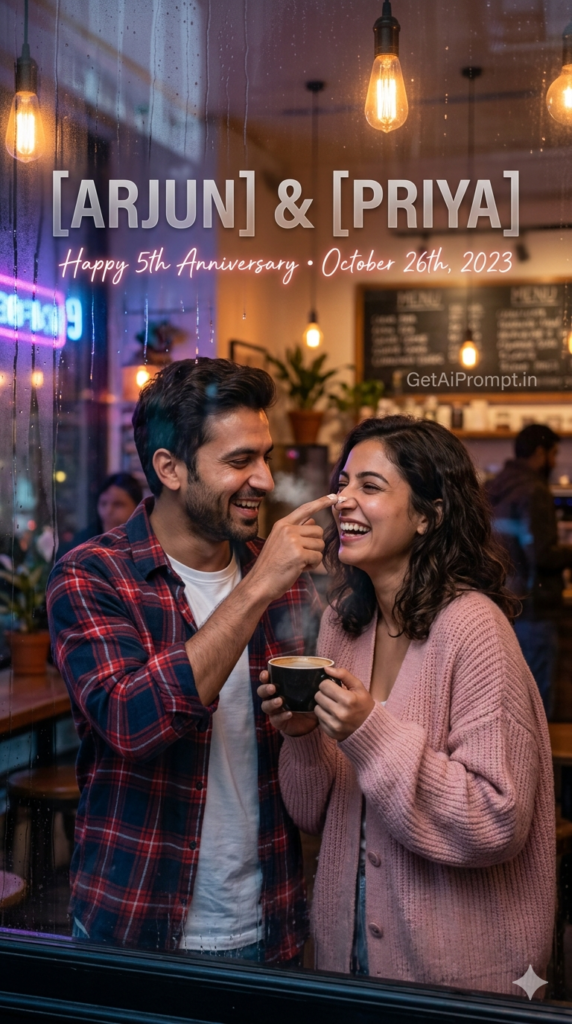 The Glassmorphism Cozy Neon Cafe Modern AI Anniversary Portrait