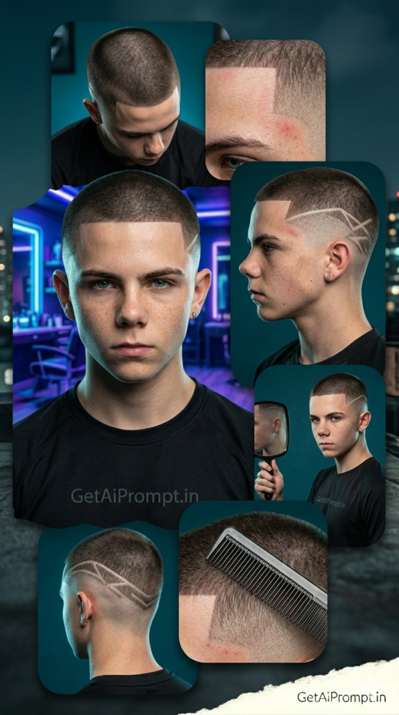Sharp Buzz Cut Geometric Line-Art Fade Hairstyle