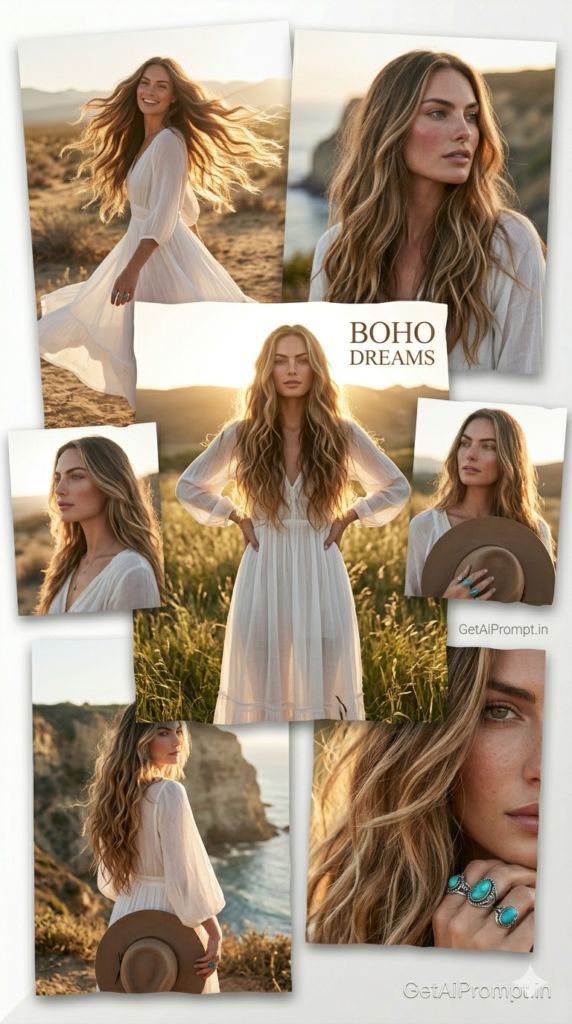 Long Boho Waves Festival Bohemian Hairstyle AI Prompt Generator