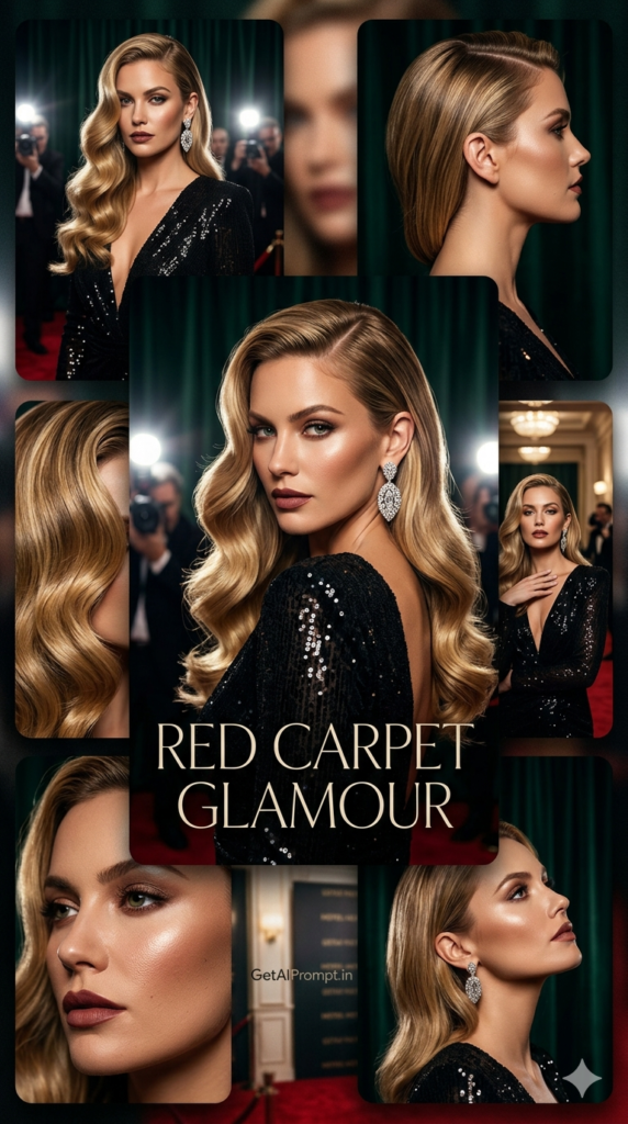 Side-Swept Glam Curls Hollywood Red Carpet AI Hair Prompt