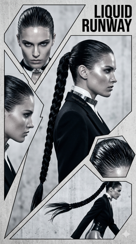 Slicked Back Wet Ponytail High Fashion Runway Hairstyle AI Prompt
